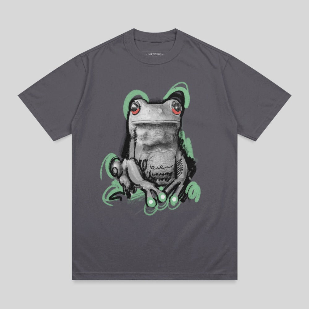 Charcoal Grey Realistic Frog Red Eyes Green Swirls product type