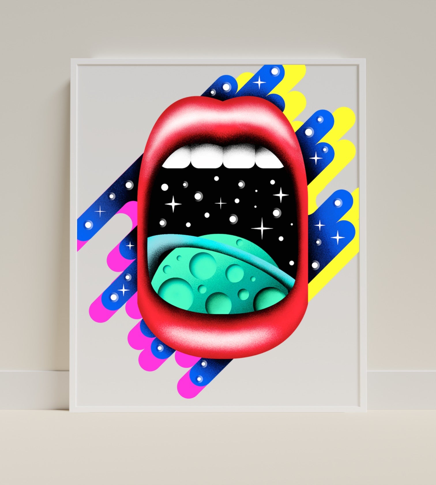 Vibrant Cosmic Mouth Artwork with Space and Moon