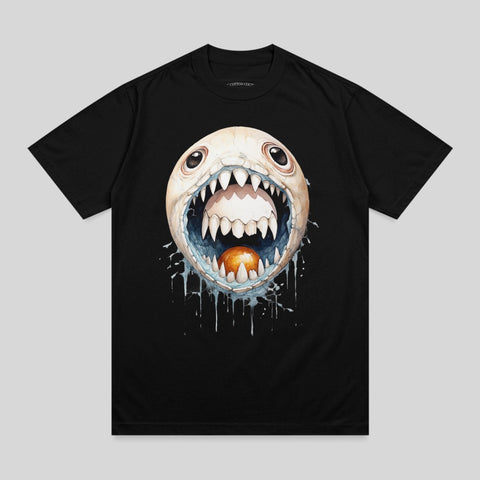 Black t-shirt with a cartoonish monster face with large teeth and a glowing orange sphere in its mouth.