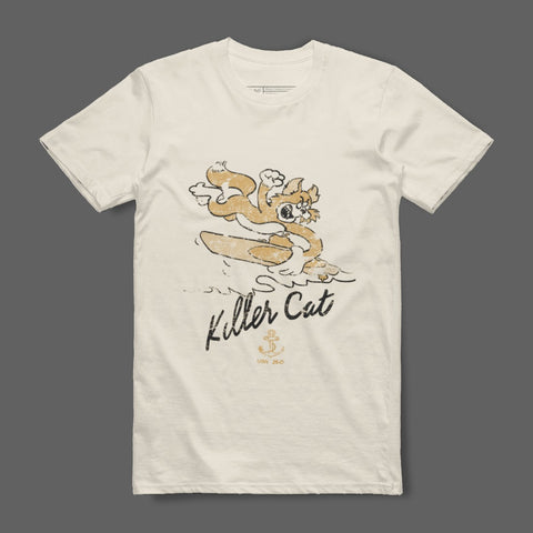 Killer Cat Graphic Tshirt with Surfboard Design