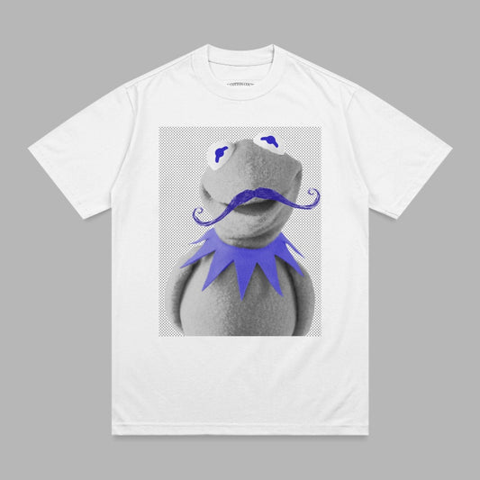 Kermit the Frog with a purple mustache on a white t-shirt.