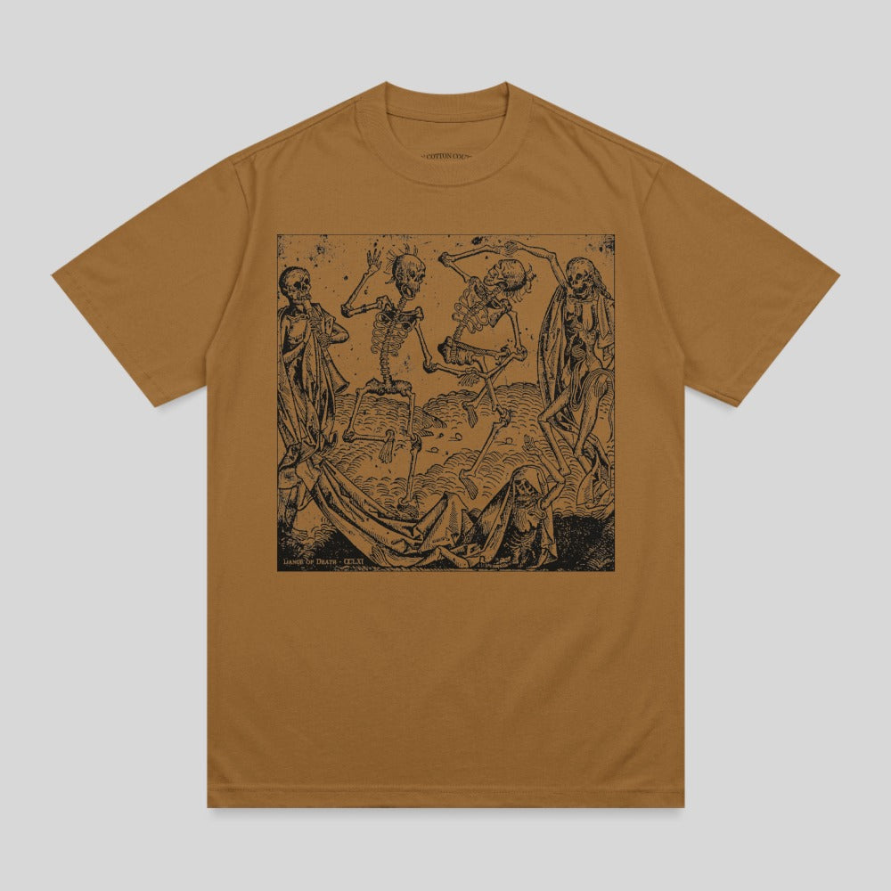 Brown t-shirt with a black woodcut of dancing skeletons and a reclining figure.