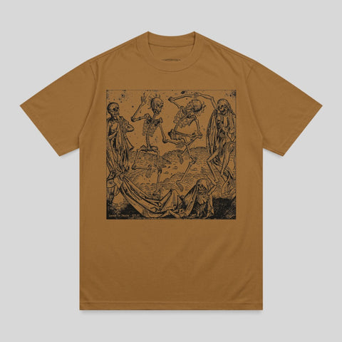 Brown t-shirt with a black woodcut of dancing skeletons and a reclining figure.