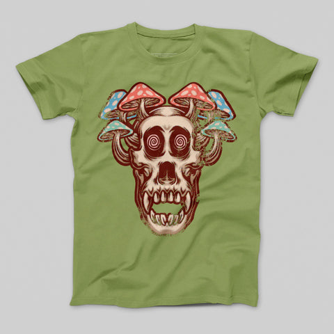 Skull and Mushrooms Graphic Design Green T-Shirt