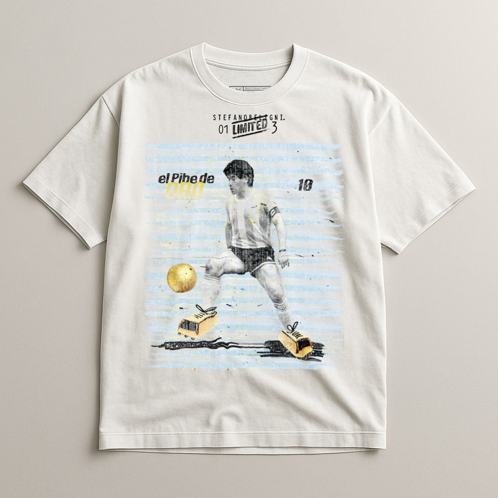 Diego Maradona in a vintage t-shirt with "el Pihe de 01 LIMITED 3" text.