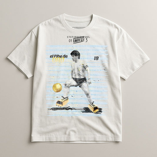 Diego Maradona in a vintage t-shirt with "el Pihe de 01 LIMITED 3" text.