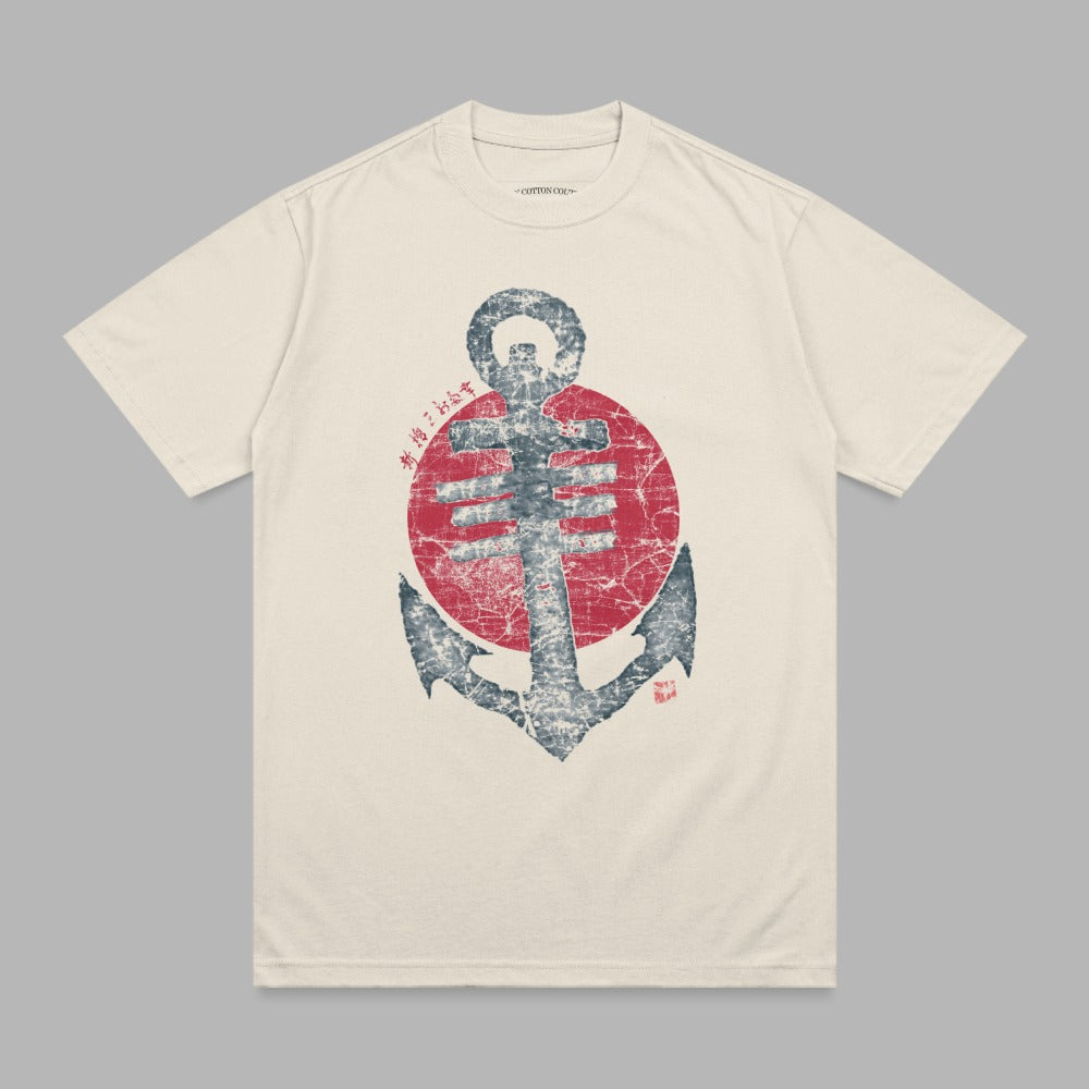 Cream t-shirt with distressed anchor and red sun graphic.