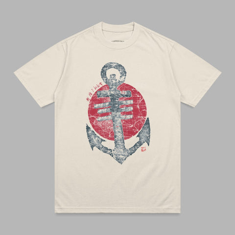 Cream t-shirt with distressed anchor and red sun graphic.