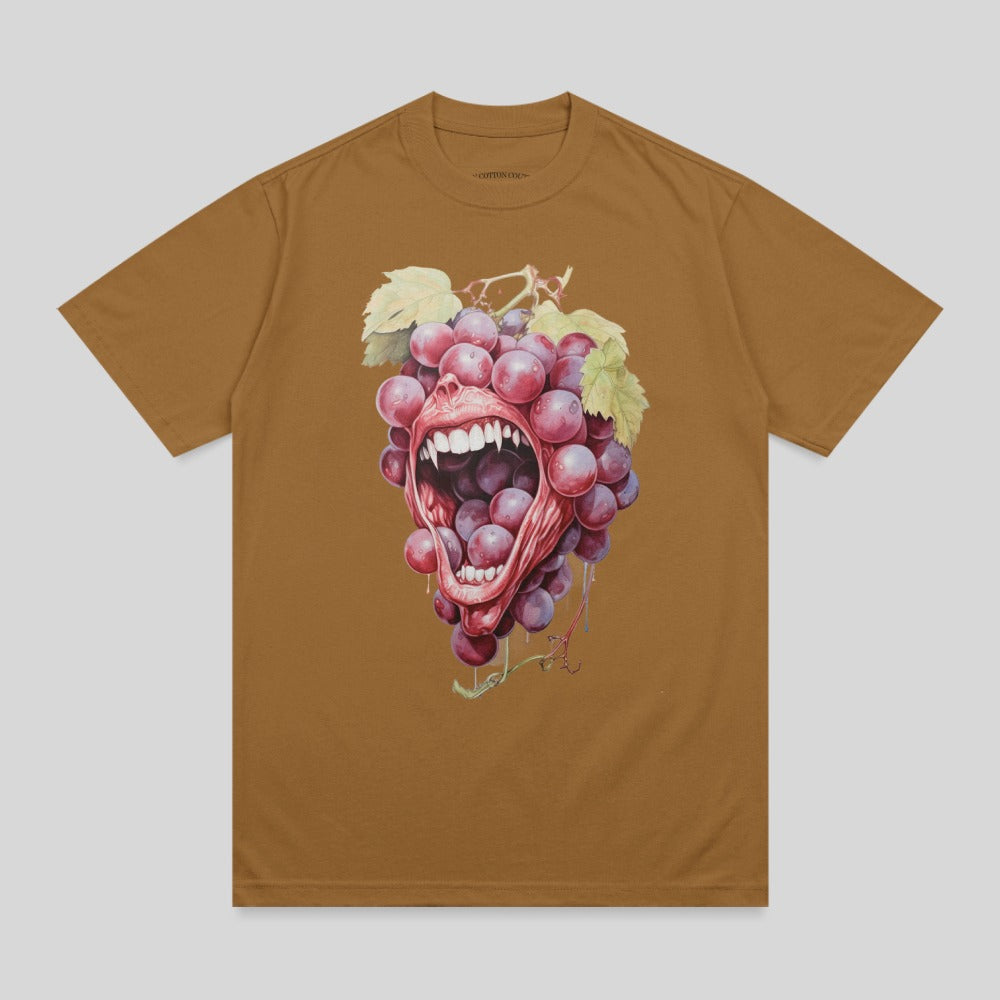 Brown t-shirt with a graphic of a cluster of grapes with a screaming mouth.