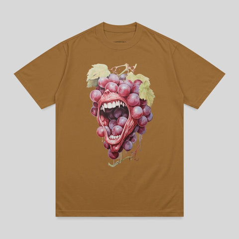 Brown t-shirt with a graphic of a cluster of grapes with a screaming mouth.