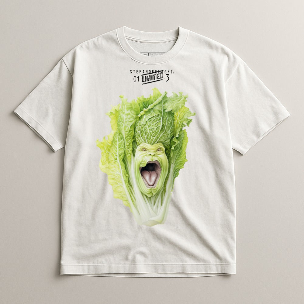White t-shirt with graphic of a screaming napa cabbage face.