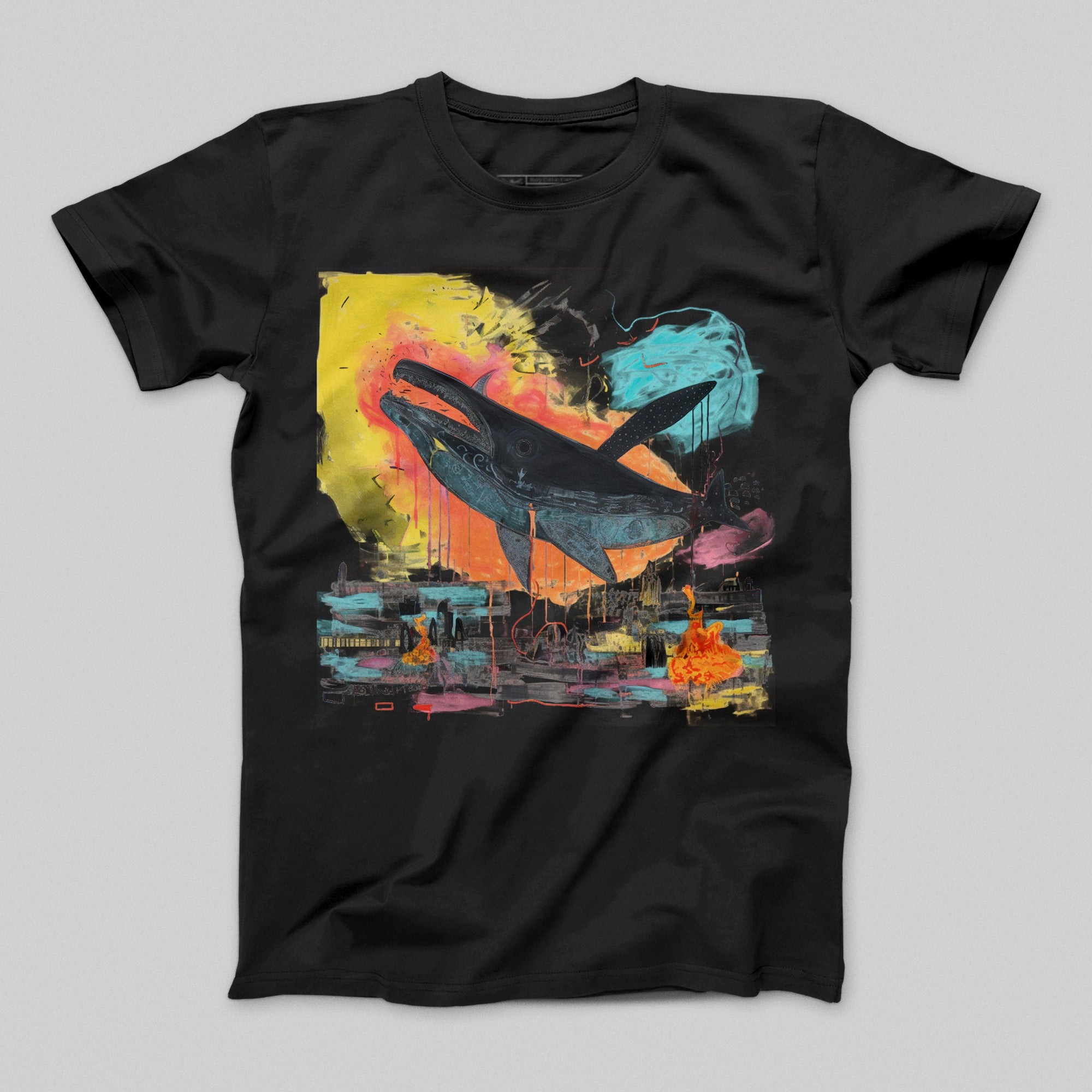 Vibrant Whale Painting Graphic Art on Black T-Shirt