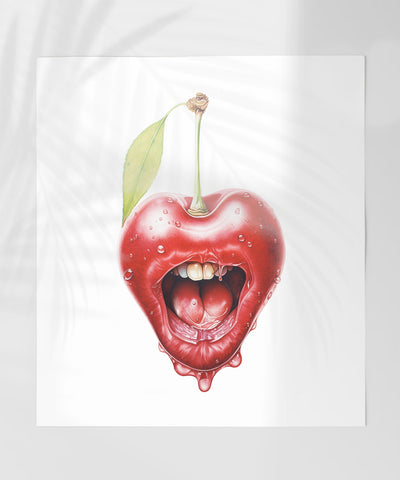 Cherry Mouth with Leaf Art Print Unique Wall Decor