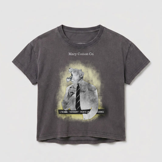 Dark grey t-shirt with a graphic of a roaring lion in a shirt and tie.