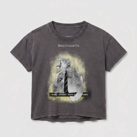 Dark grey t-shirt with a graphic of a roaring lion in a shirt and tie.