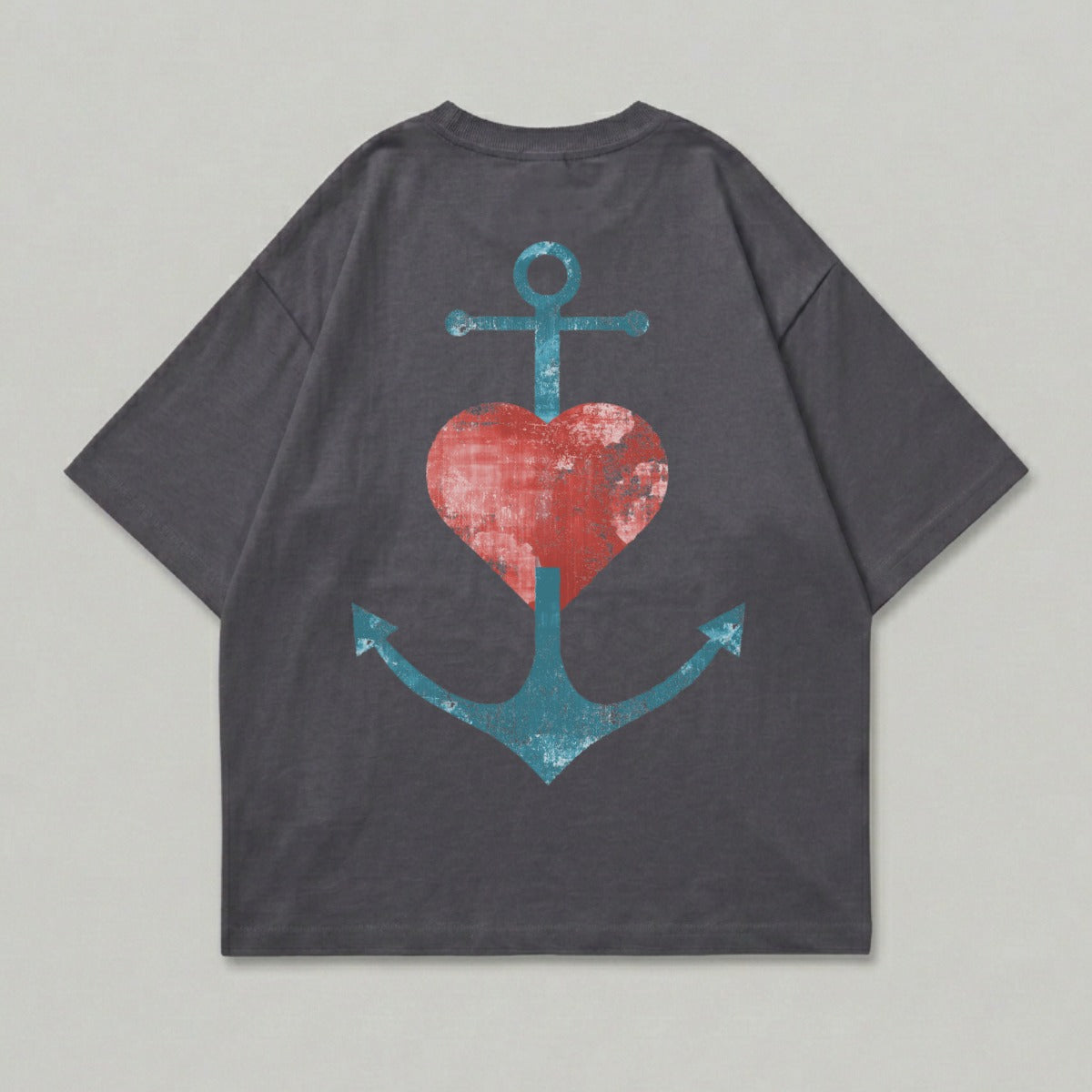 Dark gray t-shirt with distressed red heart and anchor graphic on back.