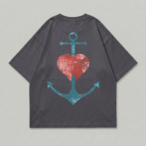 Dark gray t-shirt with distressed red heart and anchor graphic on back.