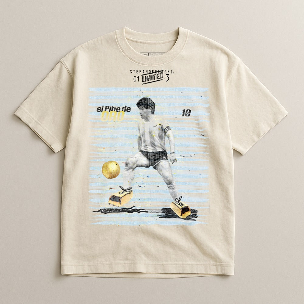 Diego Maradona in a t-shirt with "el Pibe de Oro 10 LIMITED" text.
