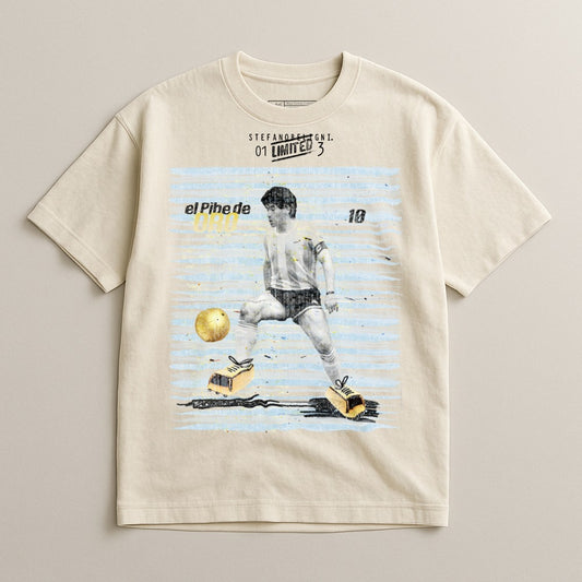 Diego Maradona in a t-shirt with "el Pibe de Oro 10 LIMITED" text.