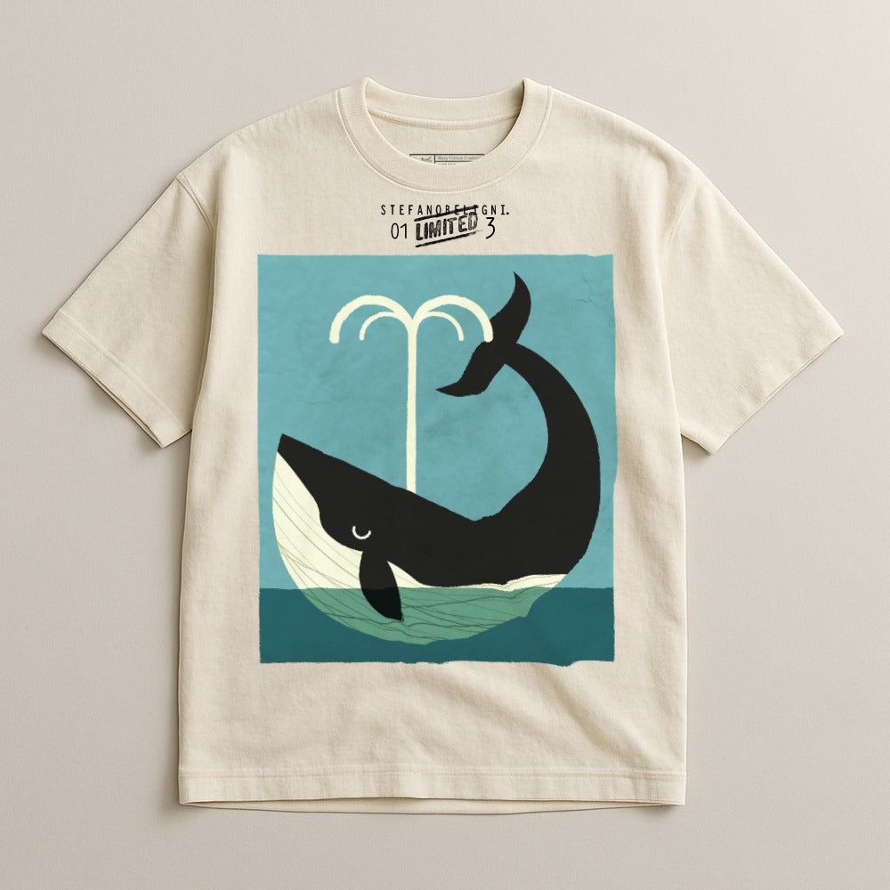 Whale Fountain Print White Short Sleeve T-Shirt