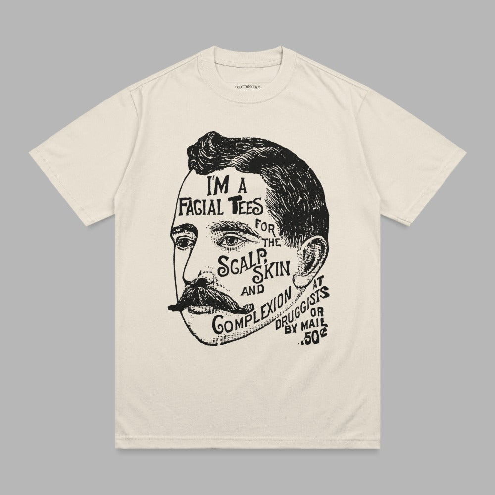 Cream t-shirt with man's head graphic and text about facial treatments.