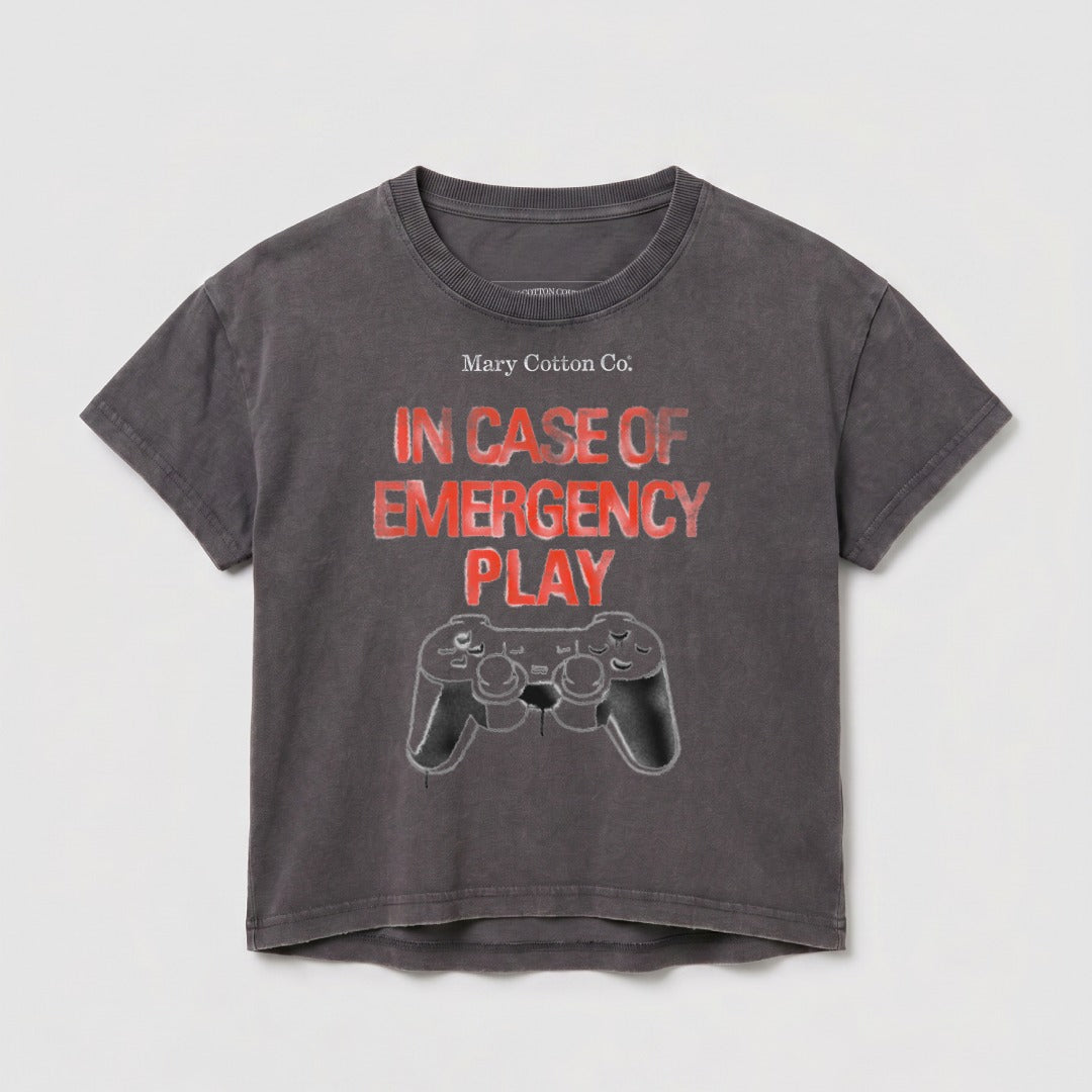 Dark gray t-shirt with "IN CASE OF EMERGENCY Play" and video game controller graphic.