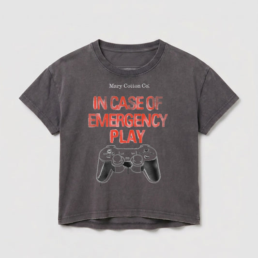 Dark gray t-shirt with "IN CASE OF EMERGENCY Play" and video game controller graphic.