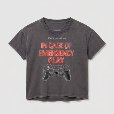 Dark gray t-shirt with "IN CASE OF EMERGENCY Play" and video game controller graphic.