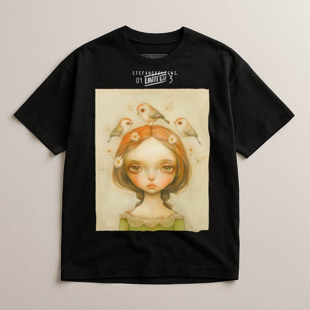 Whimsical Portrait Girl with Birds Black T-Shirt