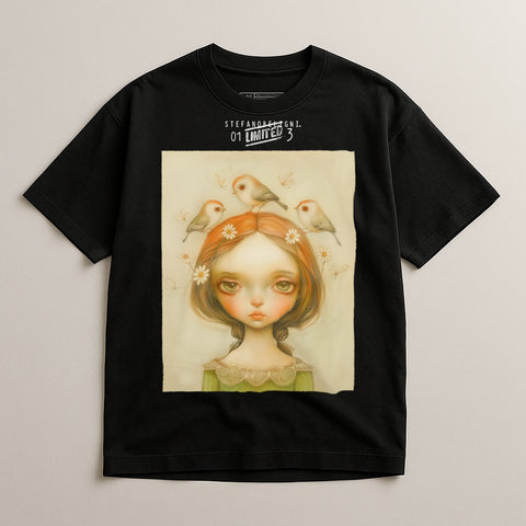 Whimsical Portrait Girl with Birds Black T-Shirt