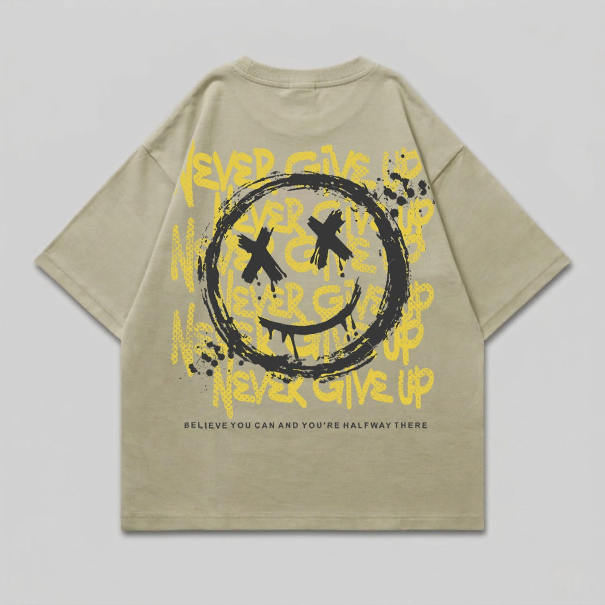Distressed Smiley Face Never Give Up Graphic T-shirt product type
Smiley Face Tee
Distressed Graphic
Never Give Up
Motivational Design
Inspirational Shirt
X Eyes Smiley
Streetwear Style
Casual T-shirt
Oversized Fit
Drop Shoulder
Yellow Black Print
Grunge Aesthetic
Urban Fashion
Unique T-shirt
Statement Piece
Positive Message
Graphic Top
Short Sleeve
Crew Neck
Skater Look