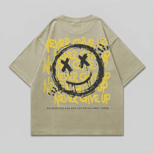 Distressed Smiley Face Never Give Up Graphic T-shirt product type
Smiley Face Tee
Distressed Graphic
Never Give Up
Motivational Design
Inspirational Shirt
X Eyes Smiley
Streetwear Style
Casual T-shirt
Oversized Fit
Drop Shoulder
Yellow Black Print
Grunge Aesthetic
Urban Fashion
Unique T-shirt
Statement Piece
Positive Message
Graphic Top
Short Sleeve
Crew Neck
Skater Look