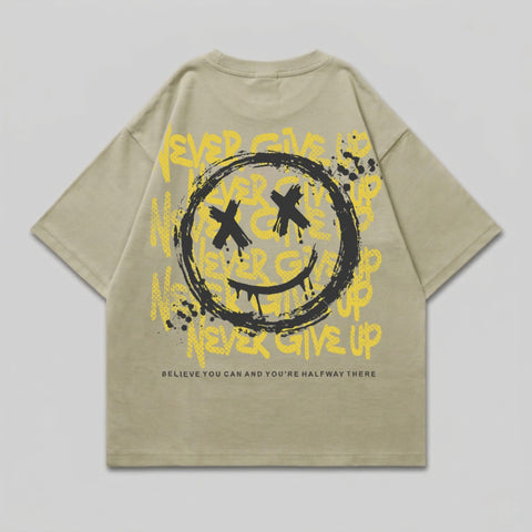 Distressed Smiley Face Never Give Up Graphic T-shirt product type
Smiley Face Tee
Distressed Graphic
Never Give Up
Motivational Design
Inspirational Shirt
X Eyes Smiley
Streetwear Style
Casual T-shirt
Oversized Fit
Drop Shoulder
Yellow Black Print
Grunge Aesthetic
Urban Fashion
Unique T-shirt
Statement Piece
Positive Message
Graphic Top
Short Sleeve
Crew Neck
Skater Look