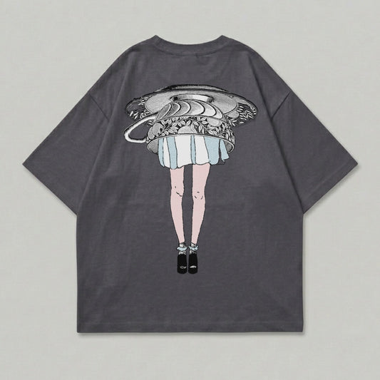 Graphic t-shirt with illustration of a woman's legs below a teacup.