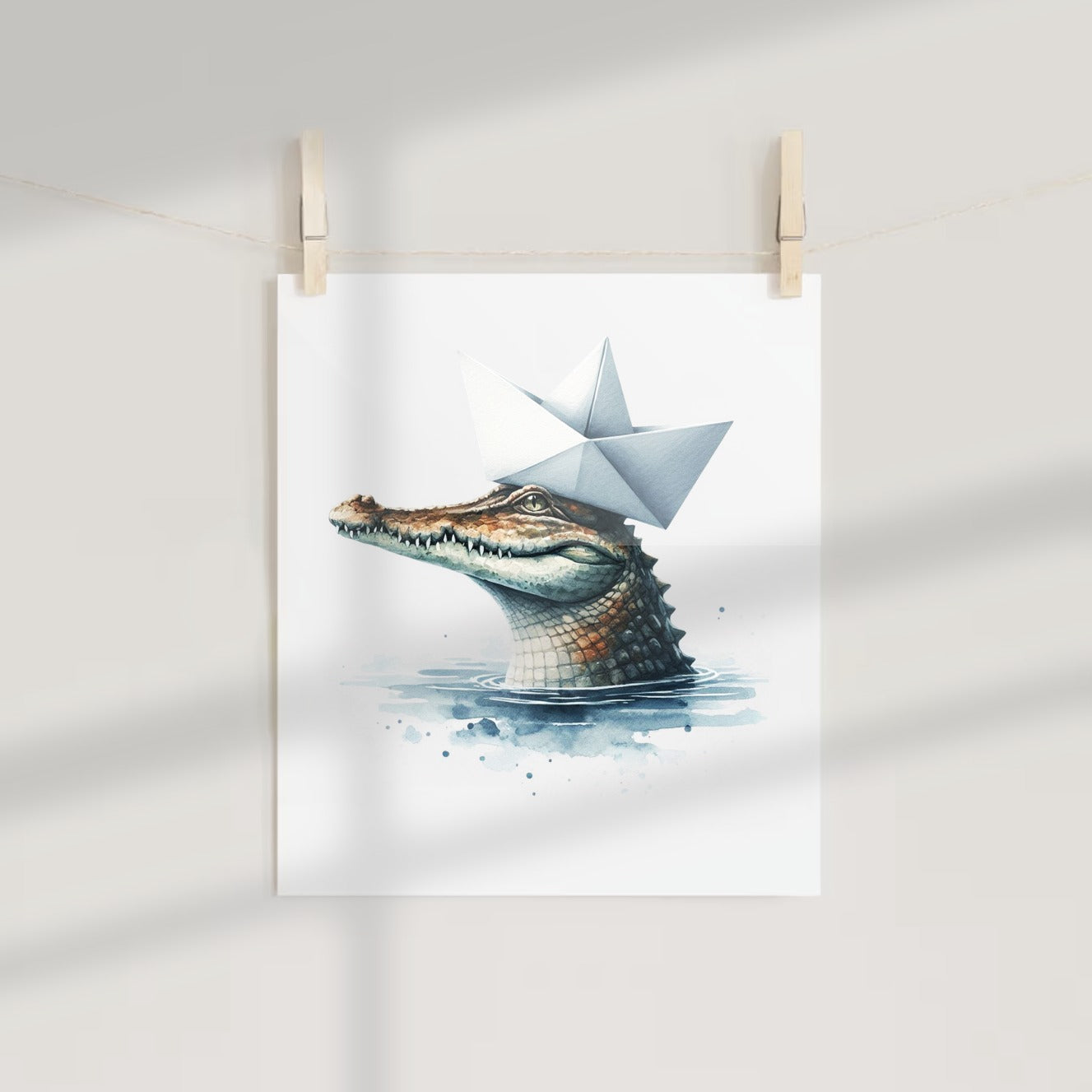 Crocodile With Paper Hat Illustration Wall Art Print