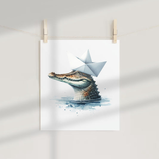 Crocodile With Paper Hat Illustration Wall Art Print