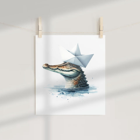 Crocodile With Paper Hat Illustration Wall Art Print