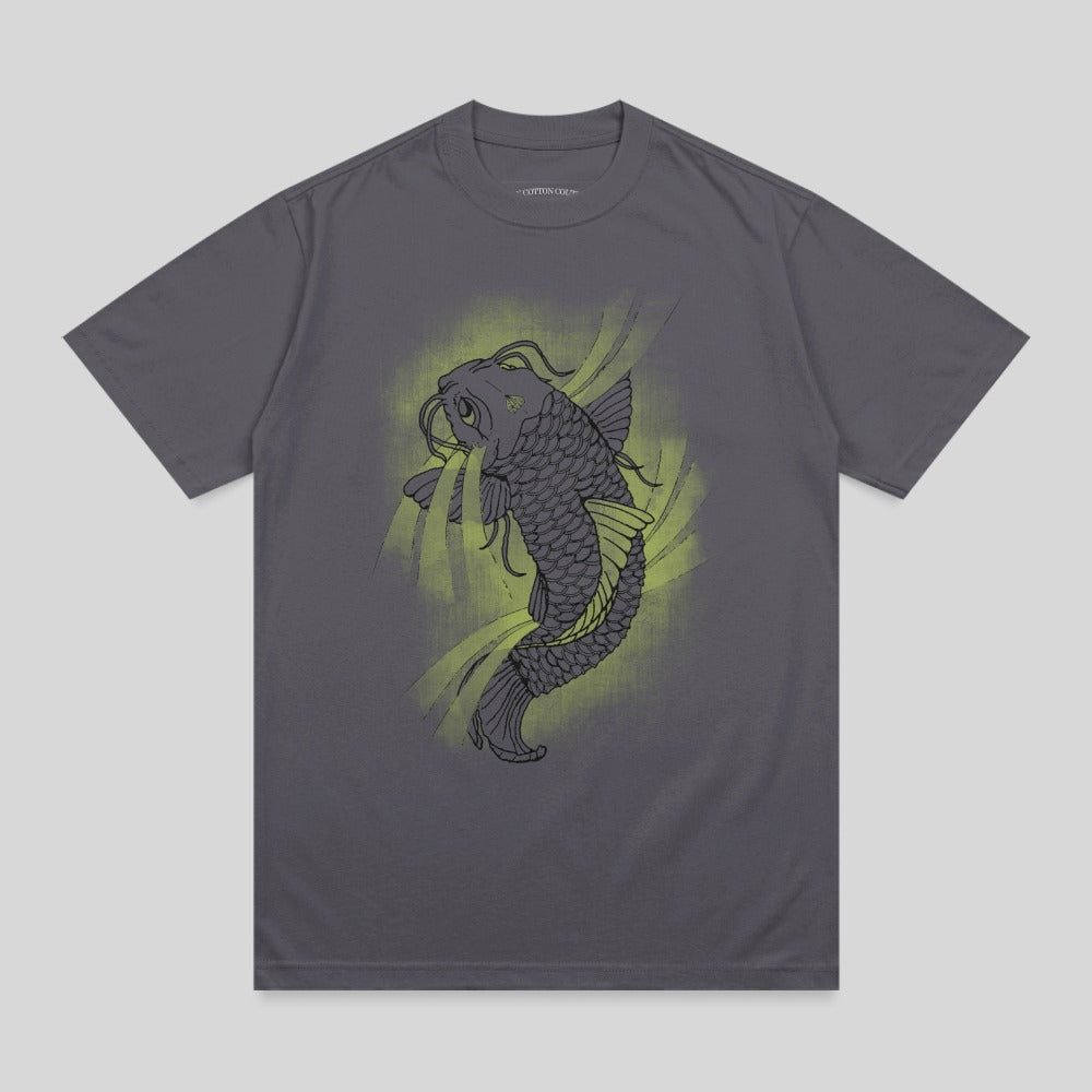 T-shirt with a stylized koi fish graphic in yellow and gray.
