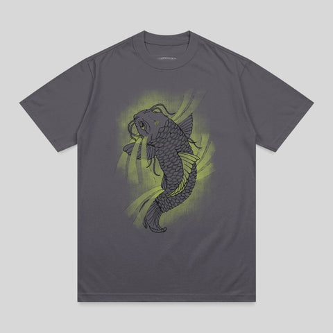 T-shirt with a stylized koi fish graphic in yellow and gray.