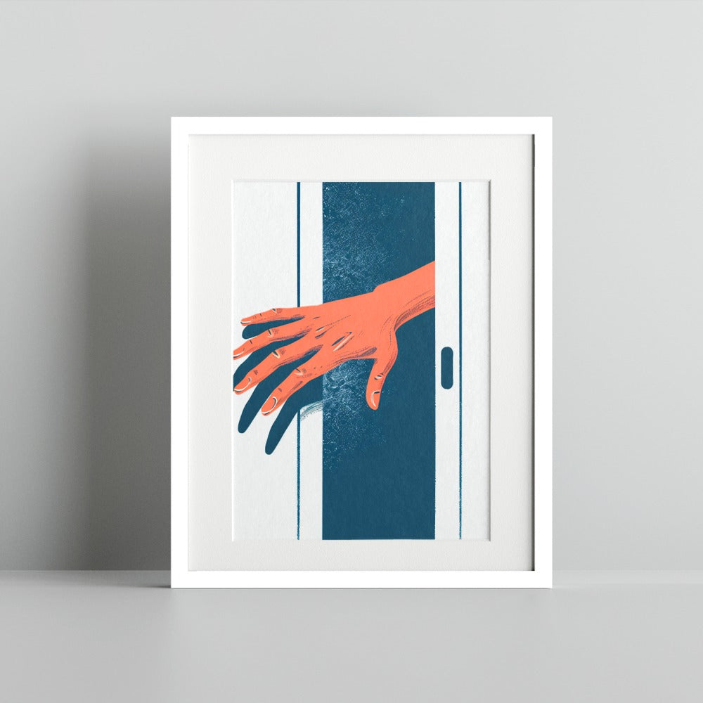 Hand Reaching Through Doorway Framed Art Print