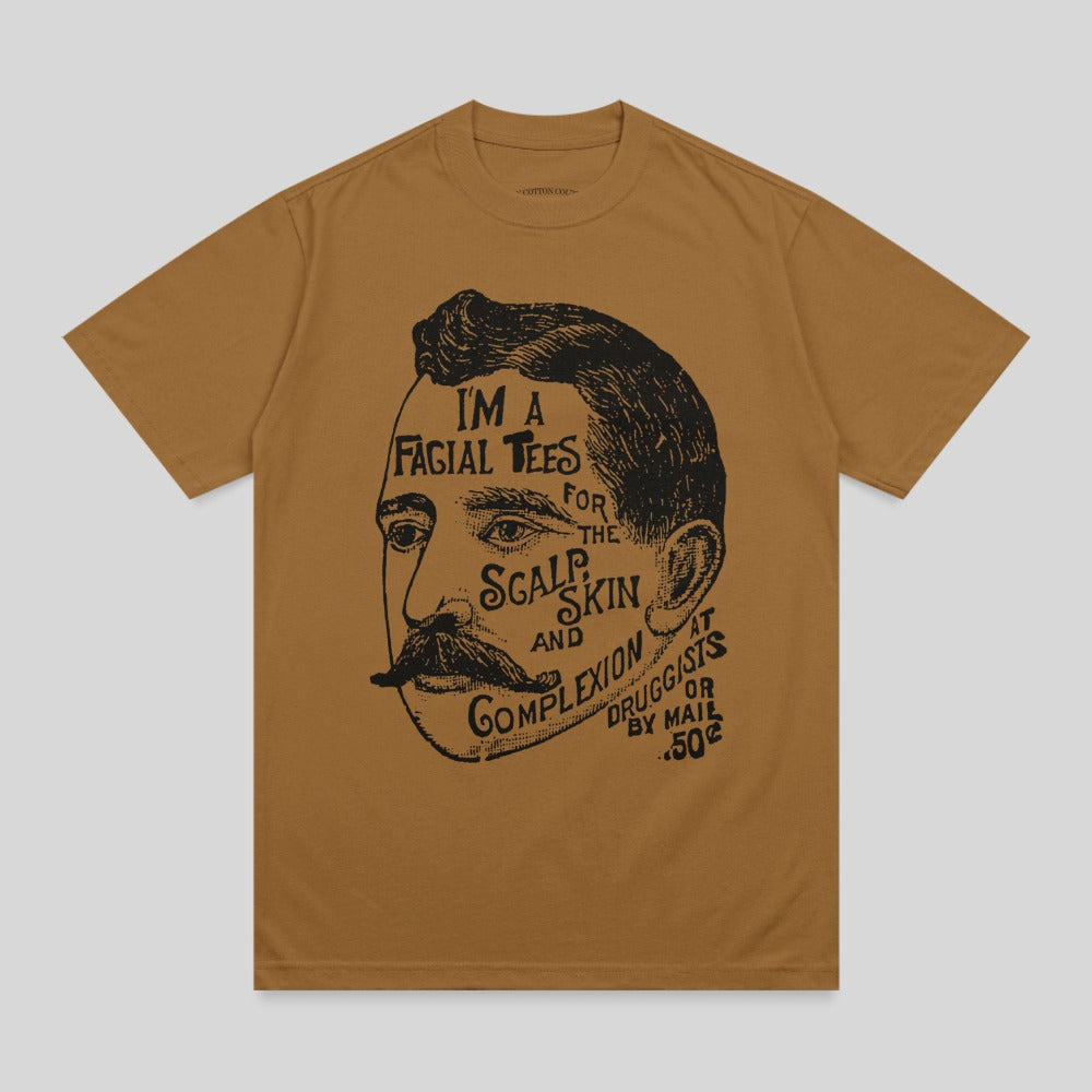 Brown t-shirt with vintage man's face illustration and text about facial tees.