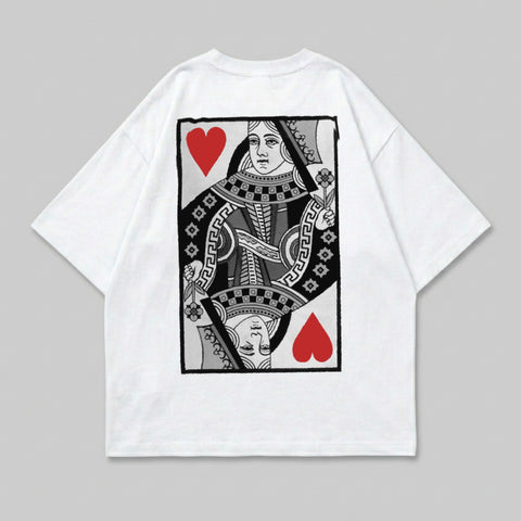 White t-shirt with black and red queen of hearts playing card design.