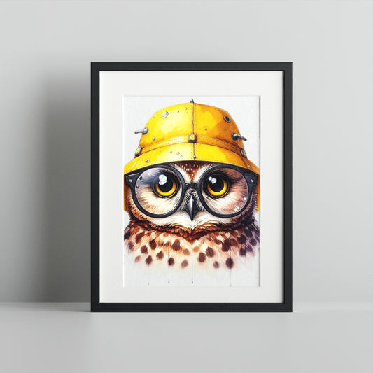 Cute Owl Wearing Glasses and Yellow Helmet Art Print