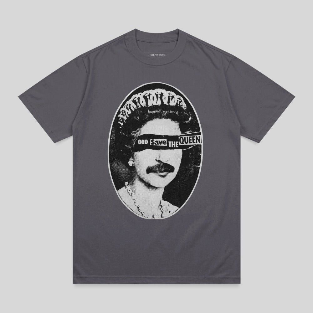 T-shirt graphic: Queen Elizabeth with band over eyes reading "GOD SAVE THE QUEEN."