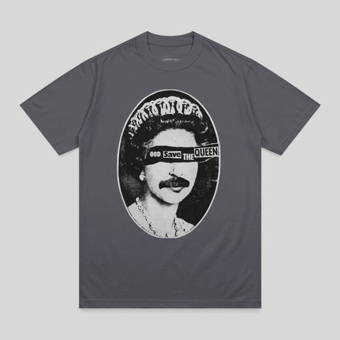 T-shirt graphic: Queen Elizabeth with band over eyes reading "GOD SAVE THE QUEEN."