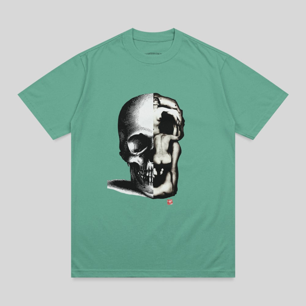 T-shirt with a split skull and human form graphic and red square logo.