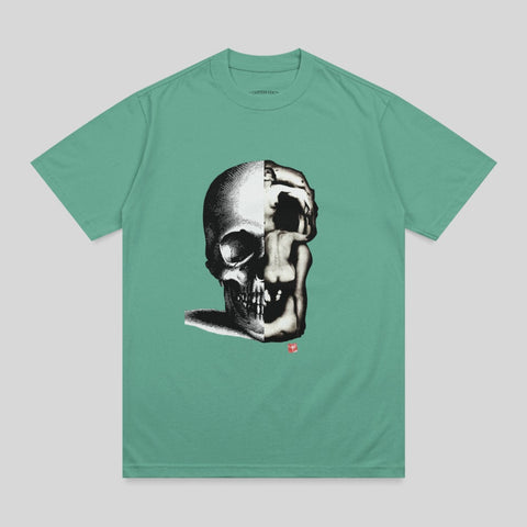 T-shirt with a split skull and human form graphic and red square logo.