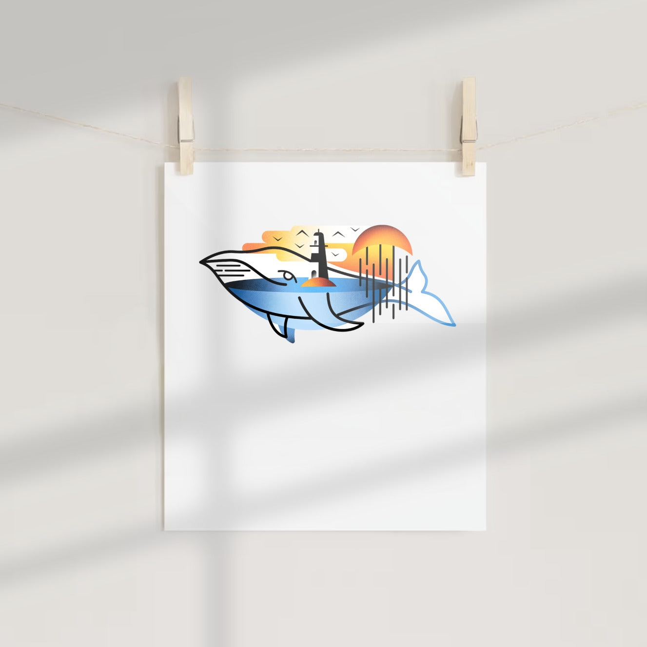 Sunset Whale and Lighthouse Art Print Poster