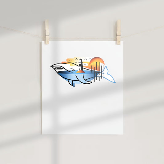 Sunset Whale and Lighthouse Art Print Poster