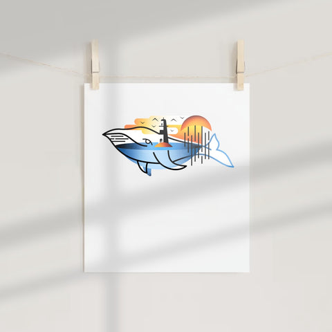 Sunset Whale and Lighthouse Art Print Poster